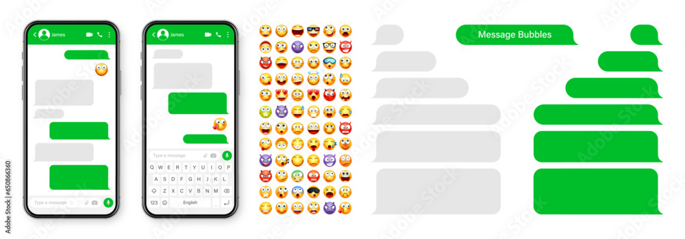 Wall mural smartphone messaging app, user interface design with emoji. sms text frame. chat screen with green m