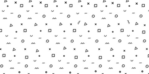 Hipster pattern with black and white geometric forms. Line, square, triangle, circle shape . Retro 80s-90s pattern background. Vector EPS 10