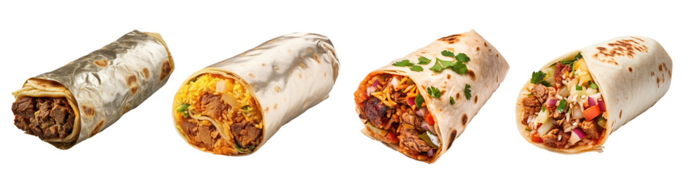 Set of tasty Mexican burrito rolls isolated on a white or transparent background, tortilla wrapped into a cylindrical shape around a filling of various ingredients.