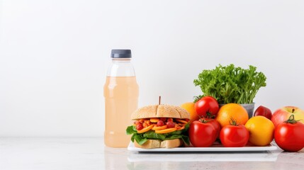 Healthy sandwich with vegetables and fresh juice bottle on light table, generative ai