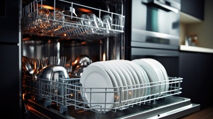 Dish washer machine full of clean kitchen utensils on a blurred modern kitchen background