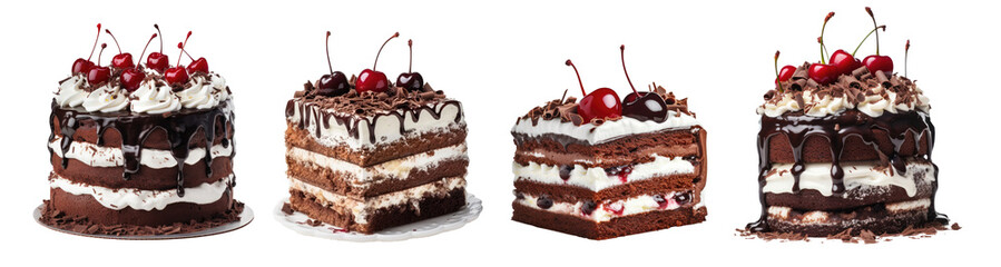 A collection of black forest cakes isolated a German dessert made with chocolate cake, whipped cream, and cherries, decorated with chocolate shavings and maraschino cherries. perfect for any occasion.