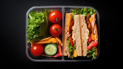 Lunch box with sandwich and vegetables, top view angle on isolated white background, generative ai