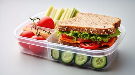Lunch box with sandwich and vegetables, top view angle on isolated white background, generative ai