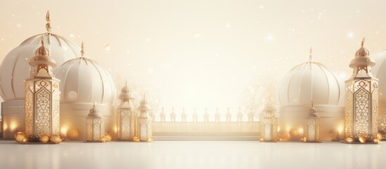 Golden and white ornamented Islamic background with elegant lanterns