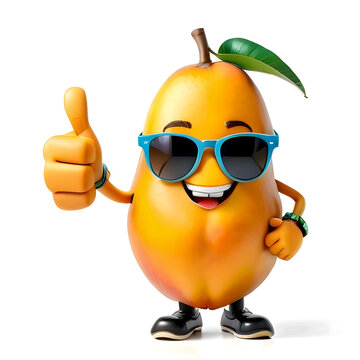 Happy smiling mango character wearing sunglasses gives thumbs up, funny cartoon mango character showing thumbs up with white background