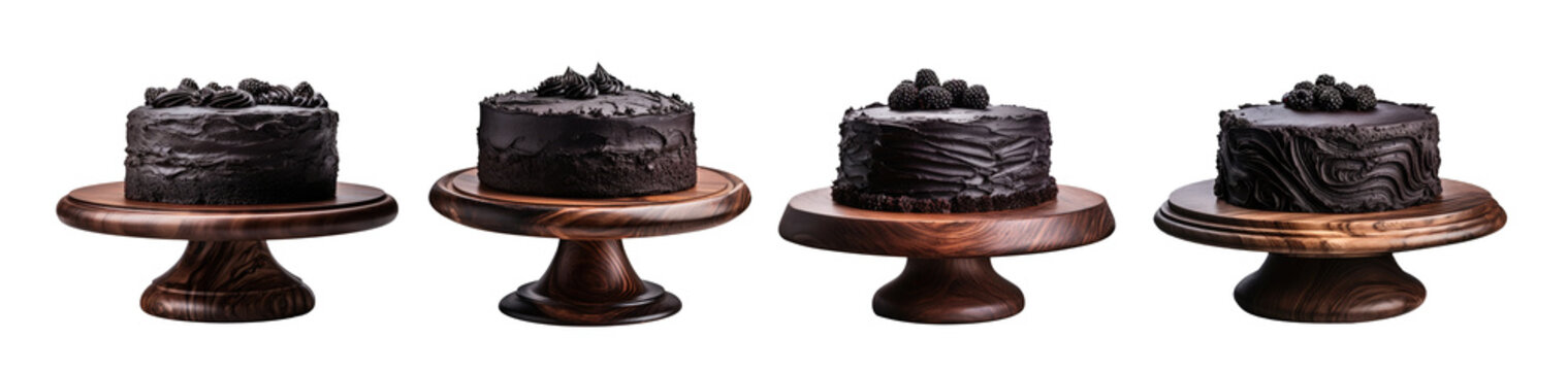 A Collection Of Assorted Whole Smooth And Creamy  Birthday Chocolate Cake On A Wooden Cake Stand. Round And Has Two Layers Decorated With Chocolate Shavings. 