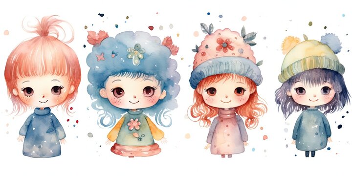 watercolor style illustration of cute girl wearing winter coat and woven cap, Generative Ai
