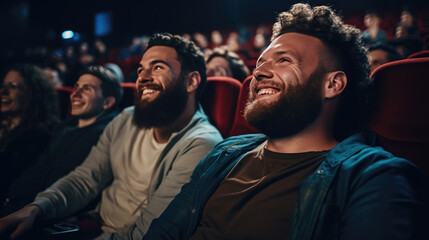 Happy friends sitting in a movie theater and watching a movie.