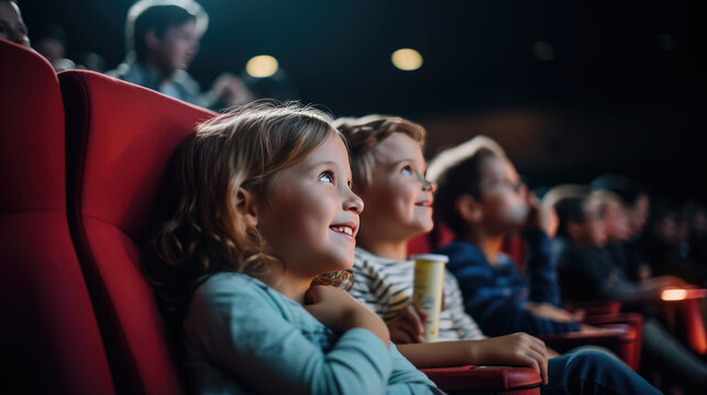 Happy smiling kids sitting in a movie theater and watching a movie.