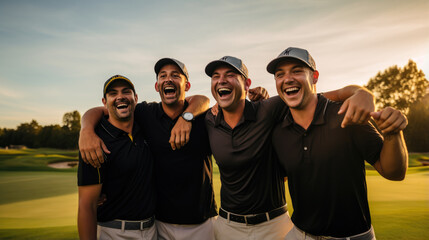 Group of happy friends playing golf on the course