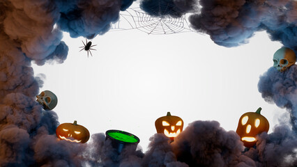 3D Halloween banner or party invitation background, clouds, spider and pumpkins, spiders web, spooky clouds