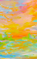 Fototapeta na wymiar Impressionistic Bright & Vibrant Sunset Waterscape- Digital Painting, Illustration, Art, Artwork, design, ad, flier, poster, Background, Backdrop, Wallpaper, social media ad/post, publication, invitat