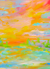 Impressionistic Bright & Vibrant Sunset Waterscape- Digital Painting, Illustration, Art, Artwork, design, ad, flier, poster, Background, Backdrop, Wallpaper, social media ad/post, publication, invitat