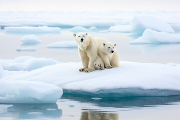 Two polar bear and cub sitting on iceberg, iceberg is melting due to climate change,  global climate crisis