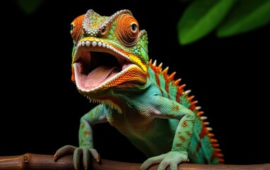 Fototapeta premium Close up chameleon portrait on isolated black background, generative ai