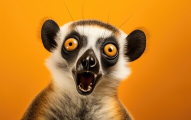 Lemur catta portrait with surprised expression on isolated yellow background, generative ai - obrazy, fototapety, plakaty