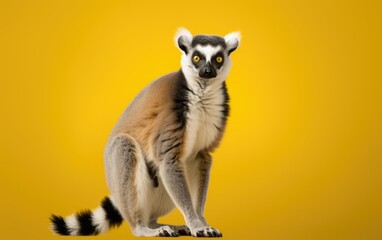 Naklejka na ściany i meble Lemur catta portrait on isolated yellow background, generative ai