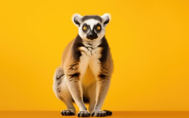 Lemur catta portrait on isolated yellow background, generative ai