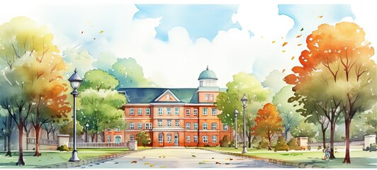 watercolor cartoon style illustration of school building in old time, Generative Ai