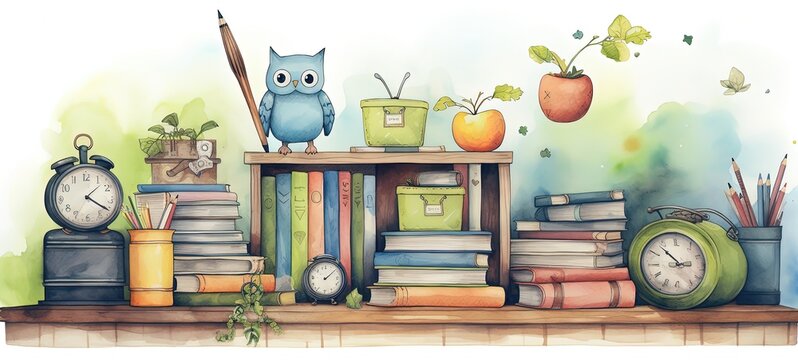 watercolor style illustration table with books and stationaries background wallpaper, Generative Ai