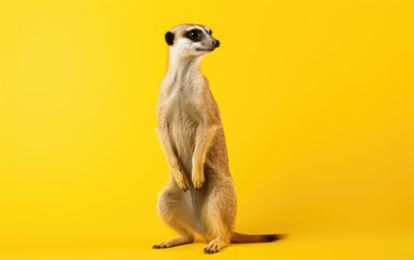 Fototapeta premium Suricate meerkat full length portrait on isolated yellow background, generative ai