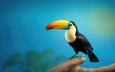 Toucan bird on a branch on isolated blue background, generative ai