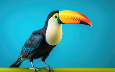 Obraz premium Toucan bird on a branch on isolated blue background, generative ai