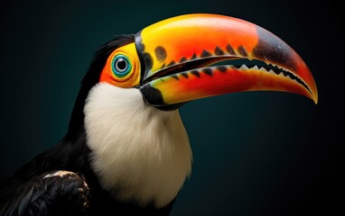 Obraz premium Close up toucan bird on a branch on isolated blue background, generative ai