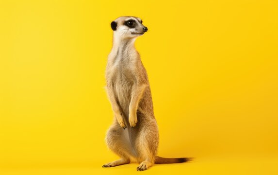 Suricate meerkat full length portrait on isolated yellow background, generative ai