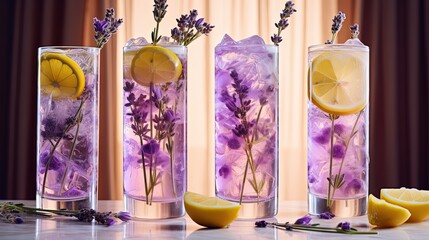 close up spring and summer drink, glass of infused water of lemonade lavender tea , Generative Ai	

