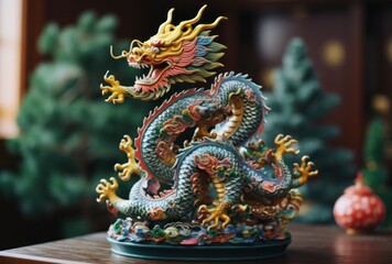 Fototapeta premium Christmas tree decorated in the style of the year of the dragon
