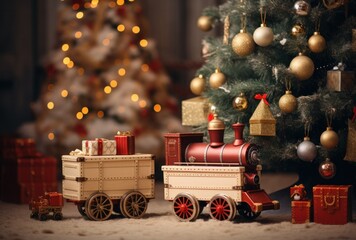 There are toys under the decorated Christmas tree