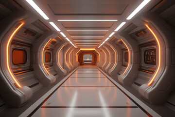 A hallway in a futuristic spaceship. Corridor inside space station. Generative AI