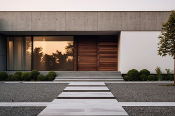 Minimalist facade of a detached house. Calm and tranquility. Generative AI