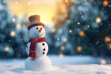 Fototapeta premium Happy snowman standing in winter christmas landscape. Snowy blurred background. Generative AI