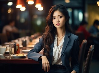 Asian business woman at table in cafe