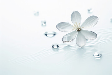 Water drops on white clean flower in a naturally bright environment. Minimalist background. Generative AI