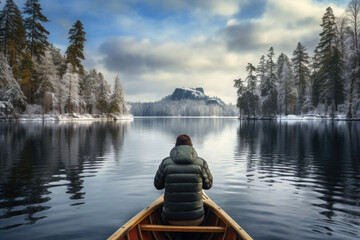 Obraz premium Male traveler in winter coat canoeing on lake at national park. Generative AI
