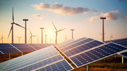 A backdrop showcasing renewable energy sources, featuring wind turbines and solar panels in a green energy setting