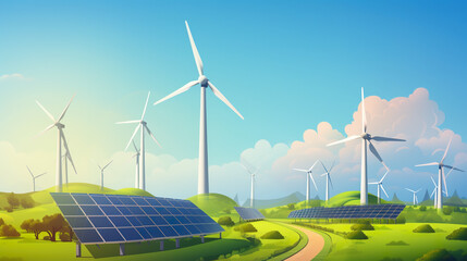 A backdrop showcasing renewable energy sources, featuring wind turbines and solar panels in a green energy setting