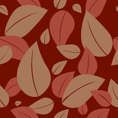 Seamless pattern of gold and dark red autumn stylized leaves on burgundy background. Beauty rustic eco friendly texture. Element for design, advertising, product packaging, labels, fabric, bed linen
