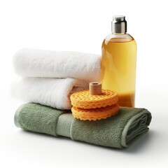 Personal hygiene products: bottle of shampoo, soap and towels on a white background.