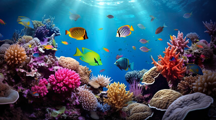 Naklejka na ściany i meble Underwater Scene of Tropical Fish Amidst Vibrant Coral Reefs, Depicting Marine Life