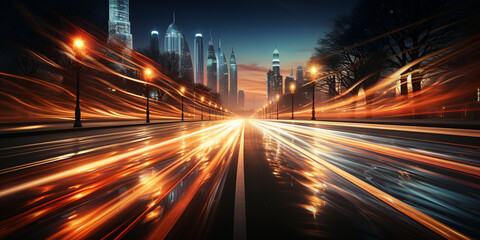 Fototapeta na wymiar City Streets Illuminated by Vehicle Lights at Night