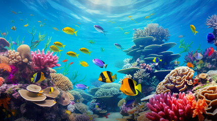 Naklejka na ściany i meble Underwater Scene of Tropical Fish Amidst Vibrant Coral Reefs, Depicting Marine Life