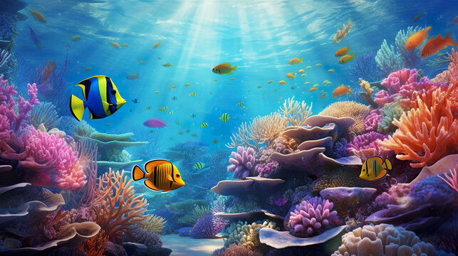 Underwater Scene of Tropical Fish Amidst Vibrant Coral Reefs, Depicting Marine Life