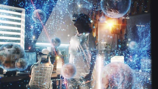 Man uses augmented reality goggles and wireless controllers at home. 3D computer graphics visualization of holographic immersive metaverse big data and virtual cyberspace. Futuristic VFX animation.