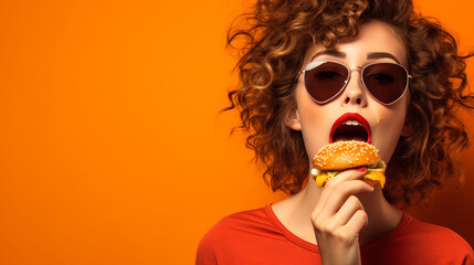 A cute girl appetizingly bites a burger, enjoying junk food, standing on an orange background. - obrazy, fototapety, plakaty