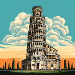 Leaning Tower of Pisa cartoon style illustration.
